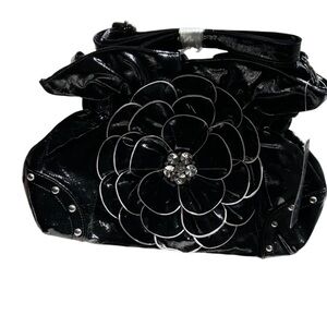Chic Black Women's Shoulder Bag with Floral & Crystal Accent